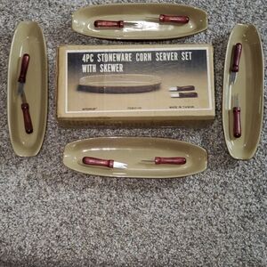 Stoneware Corn Server Set with Skewers - Tan and Brown